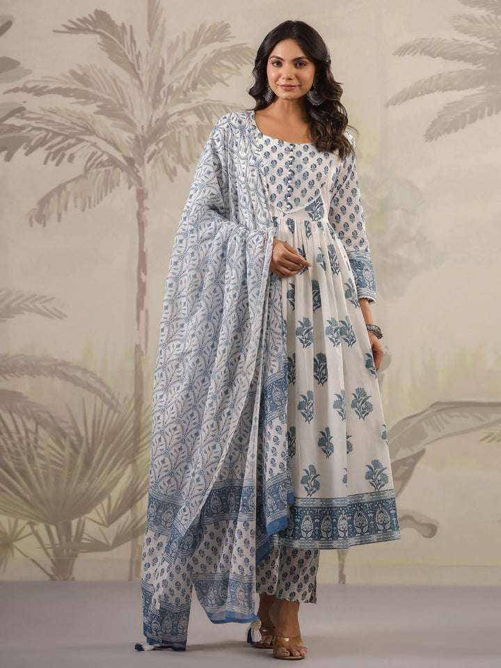 Floral Printed Cotton Kurta With Pants &amp; Dupatta