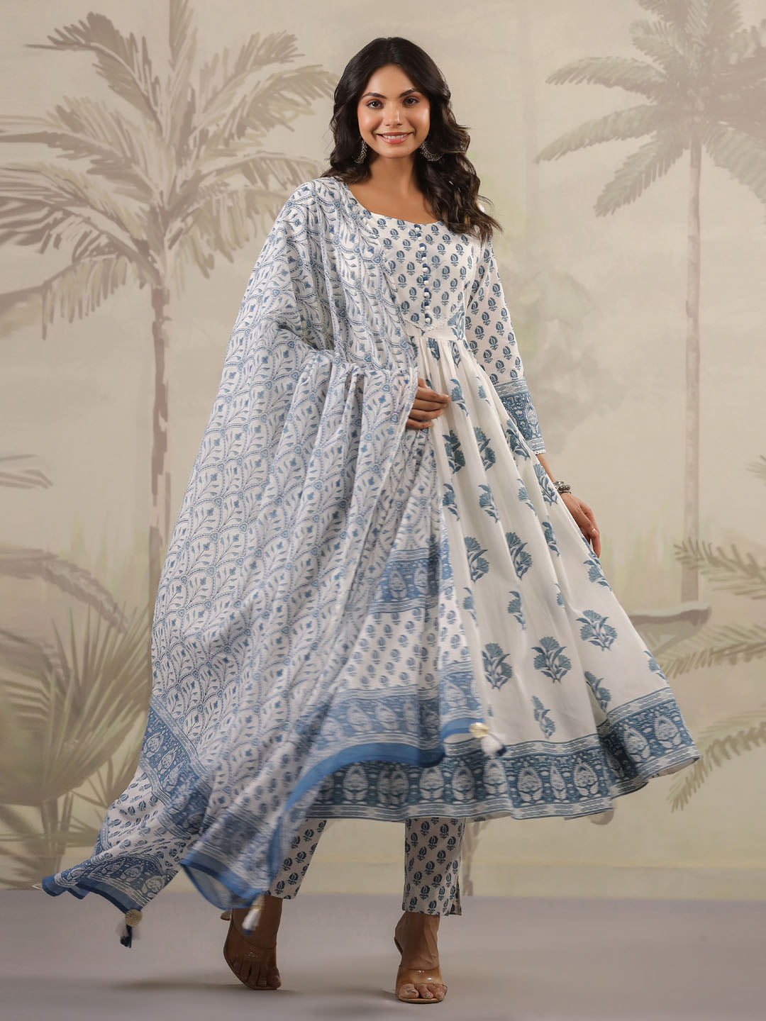Floral Printed Cotton Kurta With Pants &amp; Dupatta