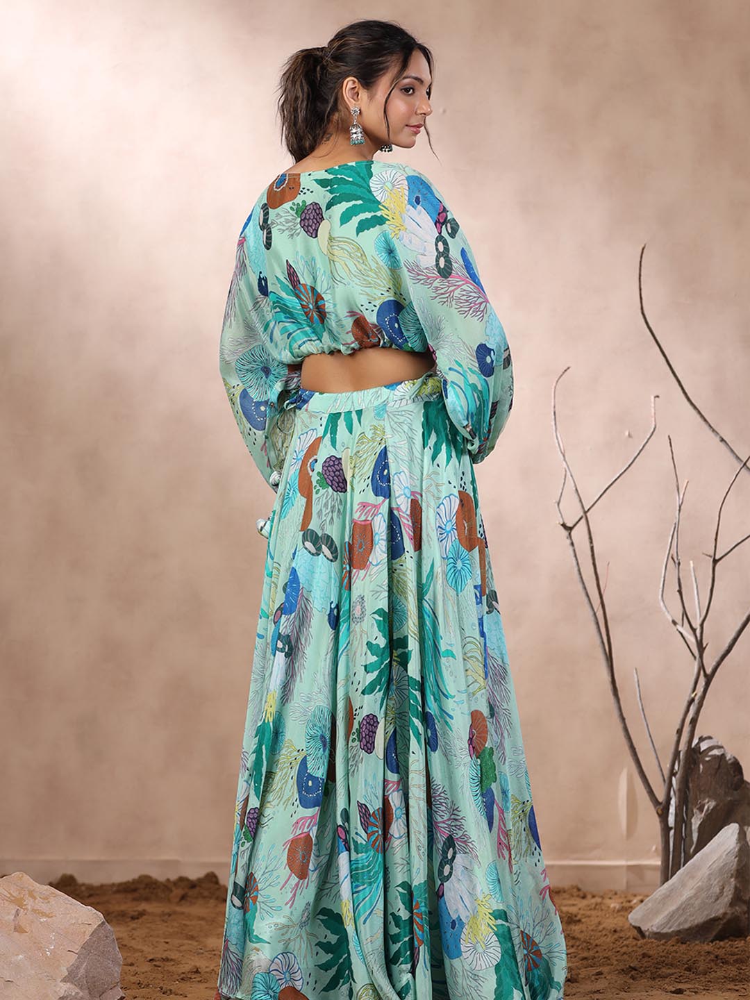 Floral Printed Crepe Crop Top With Lehenga