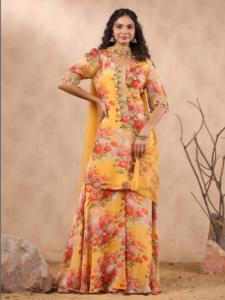 Floral Printed Crepe Stitched Salwar Kameez and Palazzo With Net Dupatta