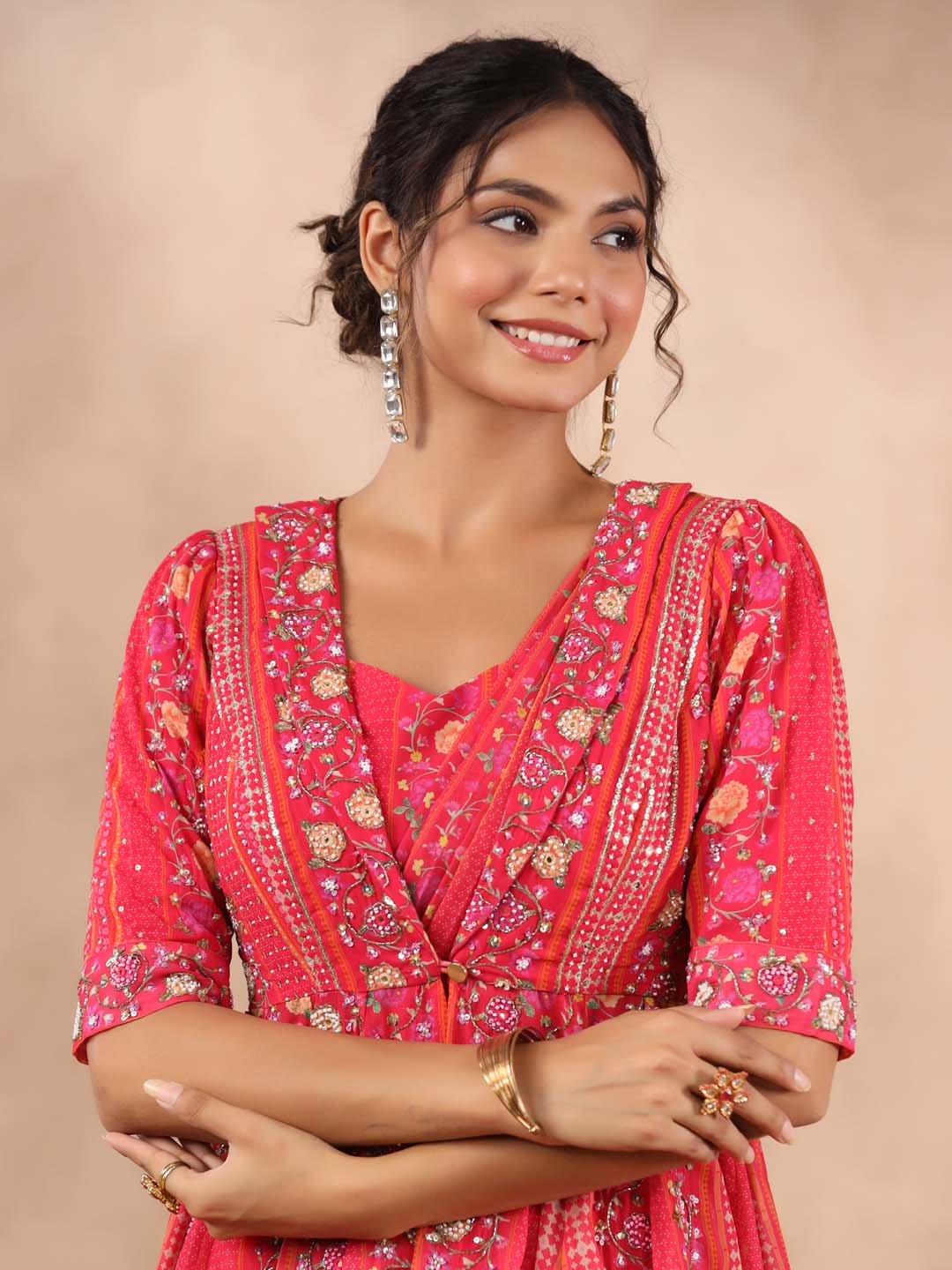 Printed Georgette Pre Draped Saree with Peplum Top