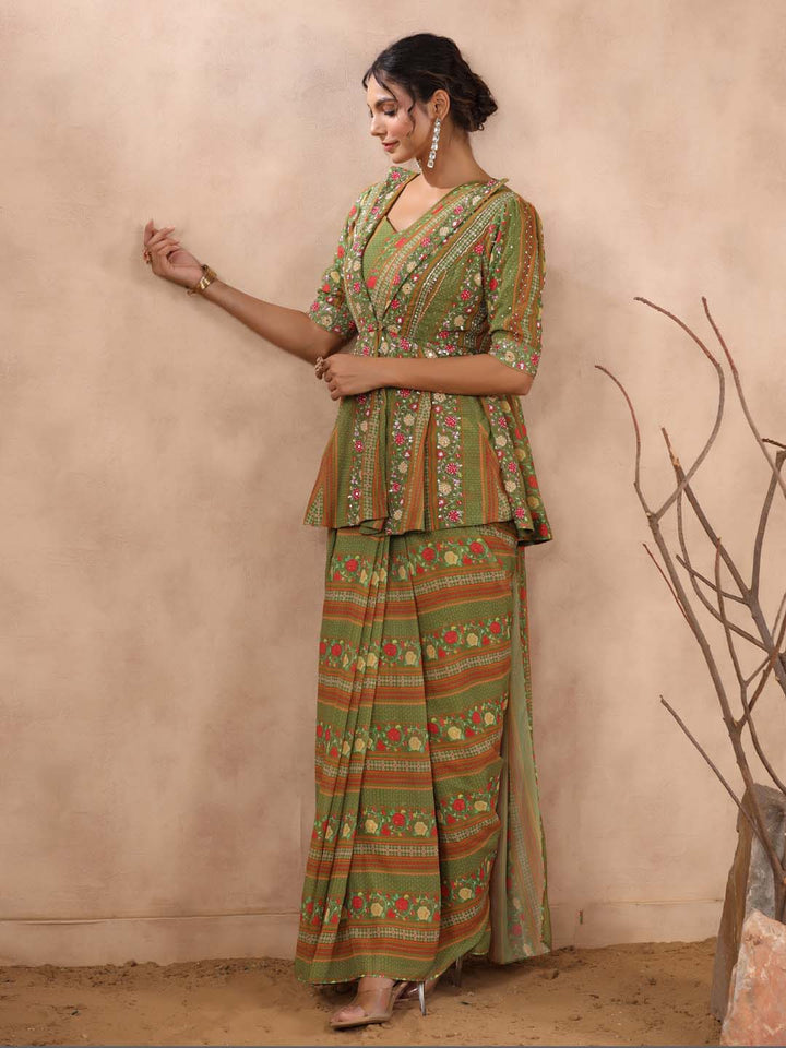 Printed Georgette Pre Draped Saree with Peplum Top