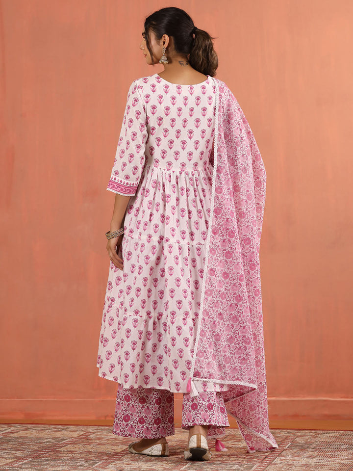 Floral Block Printed Cotton Kurta With Pants &amp; Dupatta