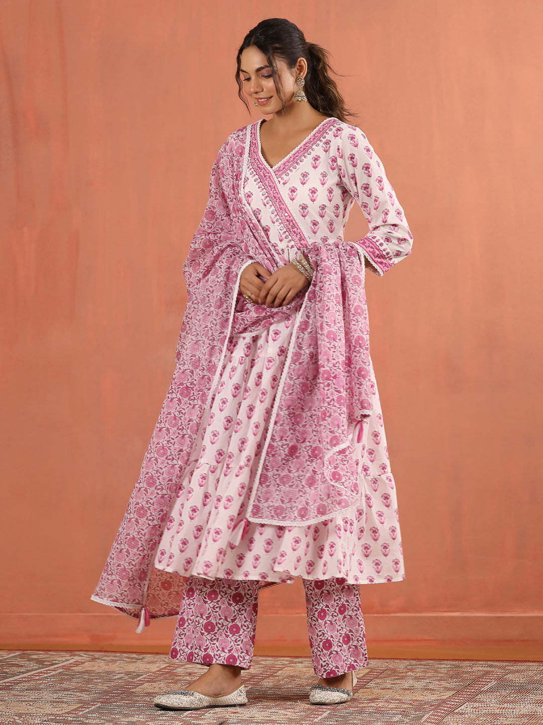 Floral Block Printed Cotton Kurta With Pants &amp; Dupatta