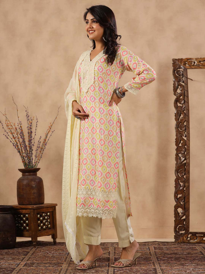 Printed Cotton Kurta With Pants &amp; Dupatta