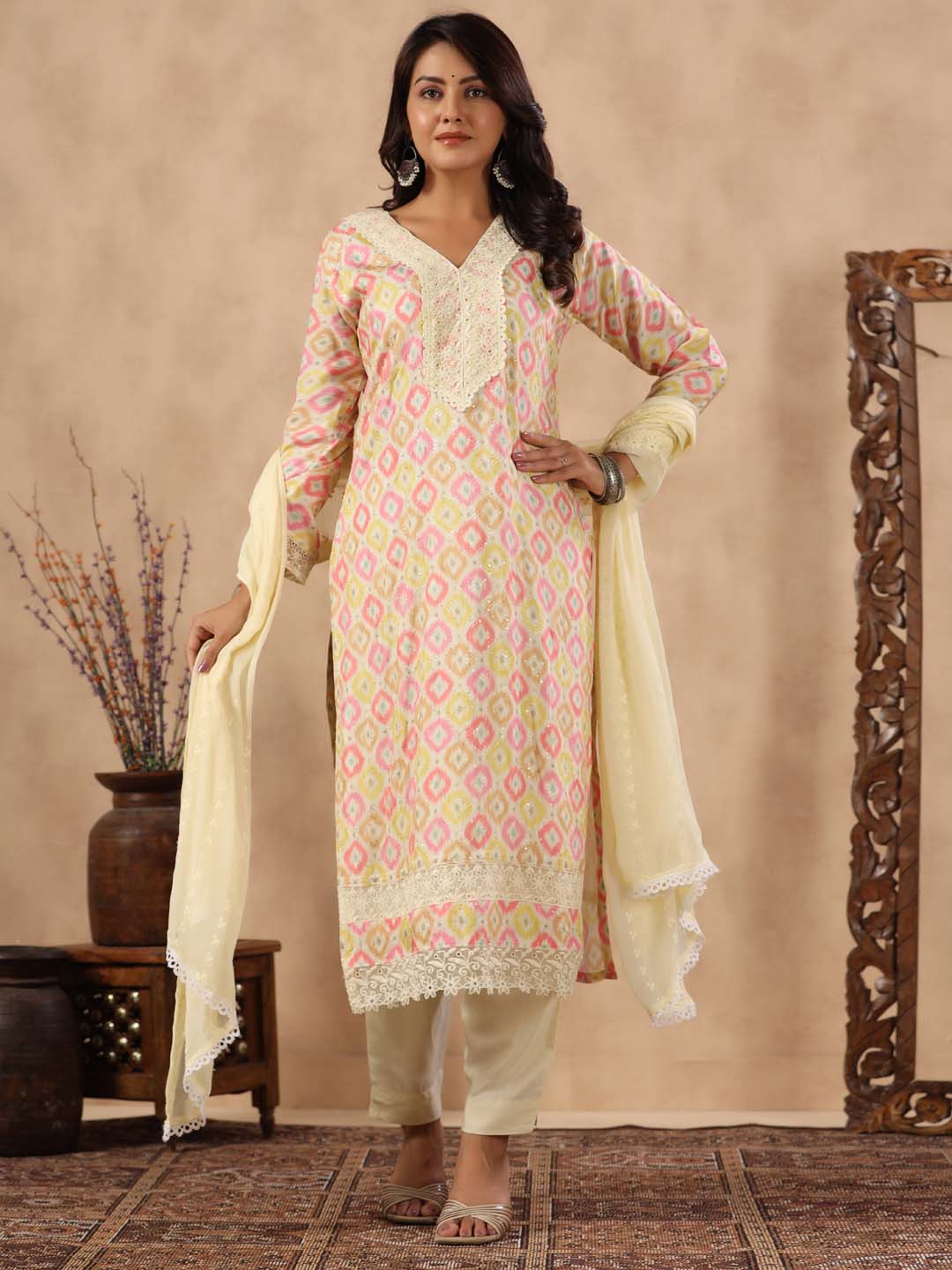 Printed Cotton Kurta With Pants &amp; Dupatta