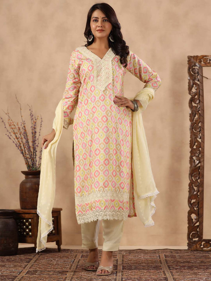 Printed Cotton Kurta With Pants &amp; Dupatta