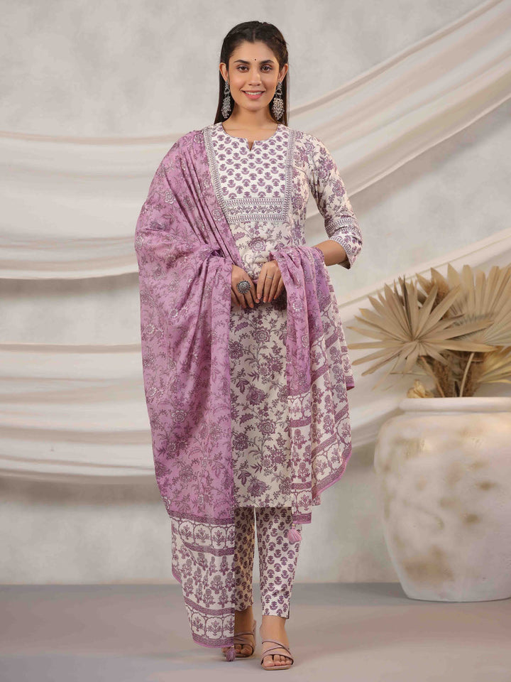 Floral Printed Kurta With Pants &amp; Dupatta