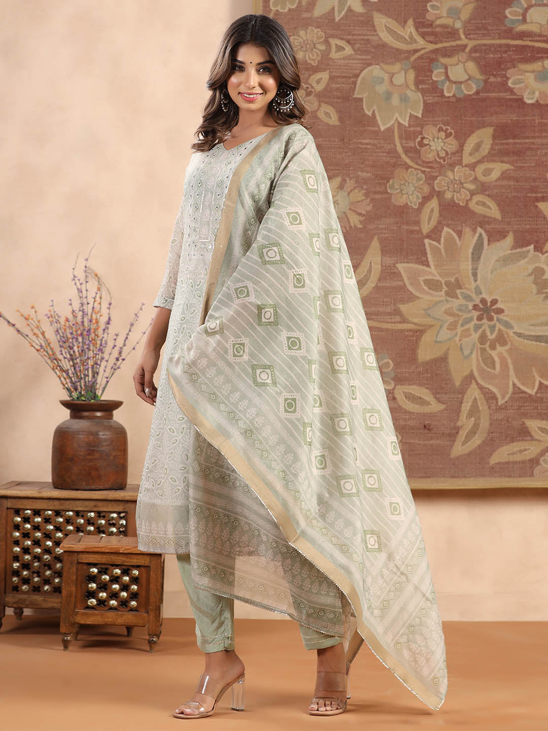 Printed Cotton Kurta With Pants &amp; Dupatta