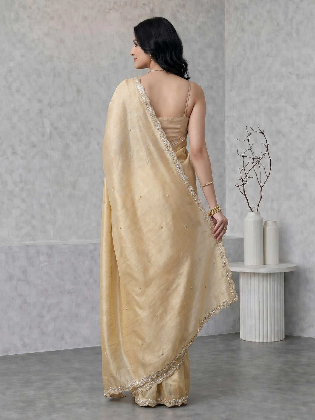 Beige Embroidered Tissue Saree