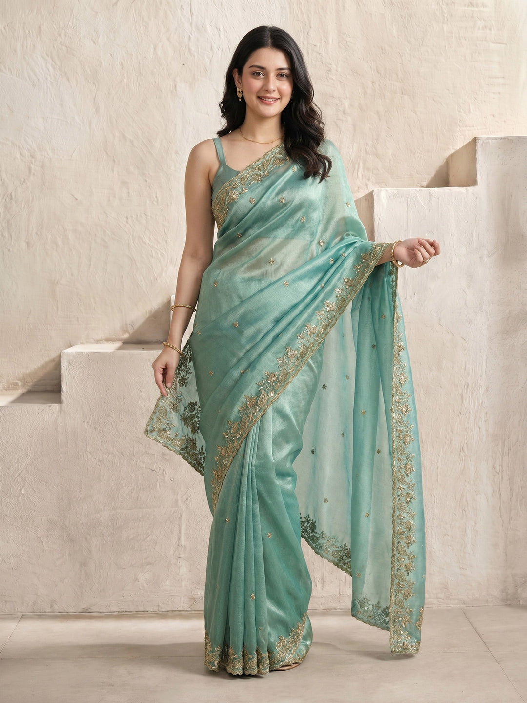 Sea Green Embroidered Tissue Saree