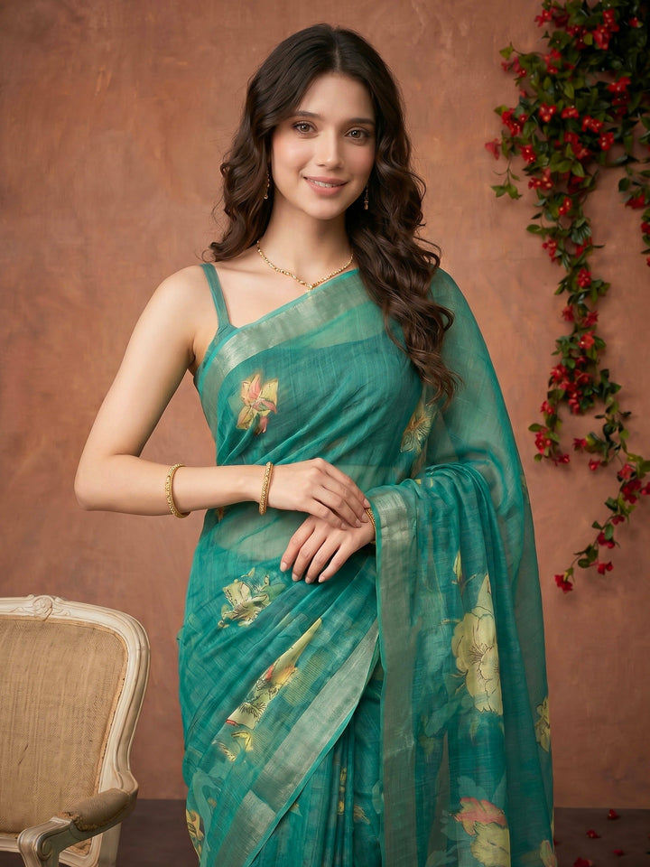 Sea Green Digital Print Cotton Blend Saree