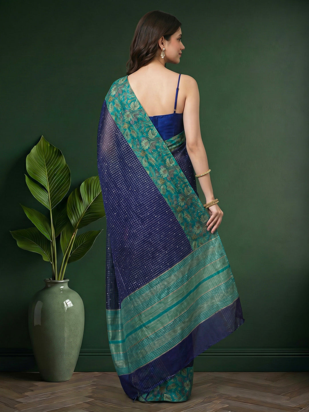 Navy Blue Digital Print Cotton Blend Saree