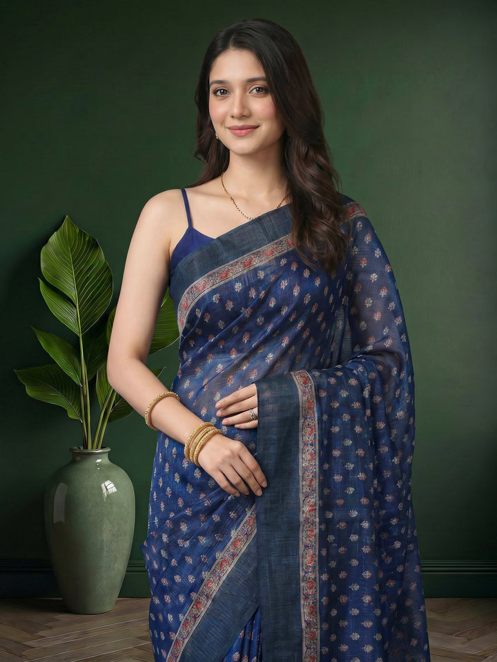 Navy Blue Digital Print Cotton Blend Saree