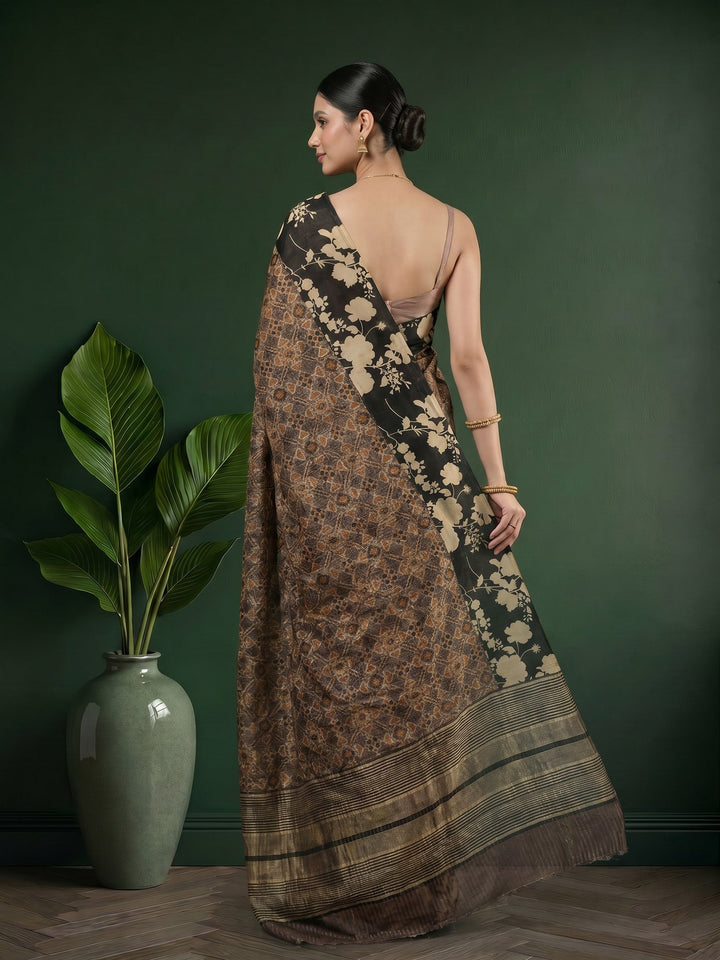 Black Digital Print Cotton Blend Saree