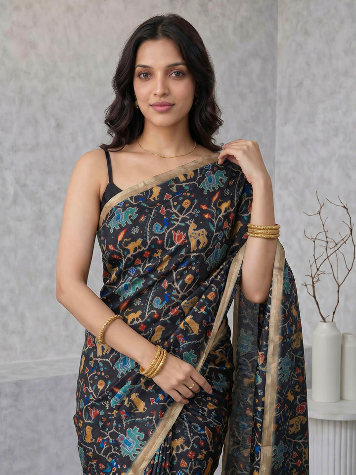 Black Digital Print Tussar Silk Saree