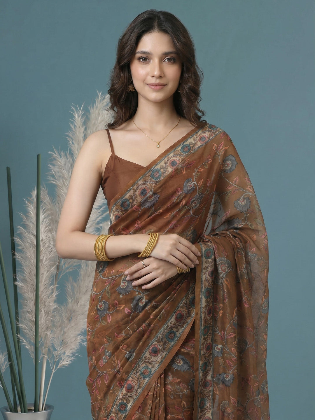 Brown Digital Print Cotton Blend Saree