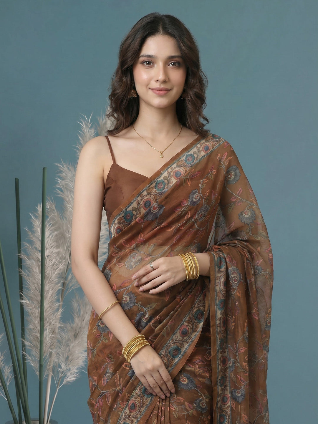Brown Digital Print Cotton Blend Saree