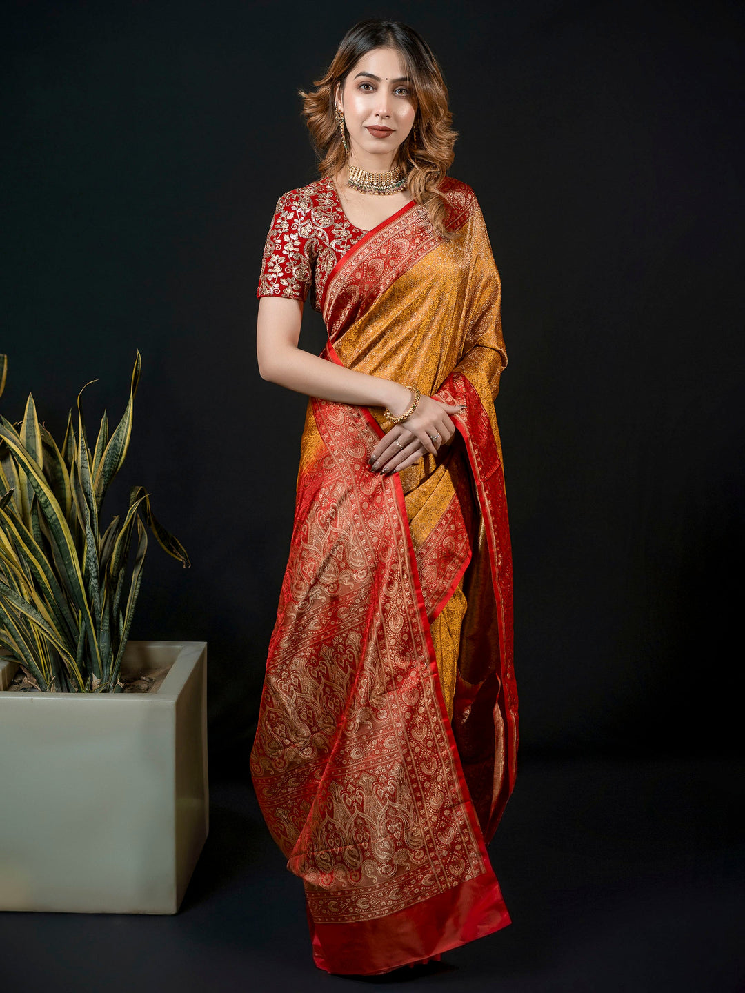 Mustard Woven Design Satin Saree