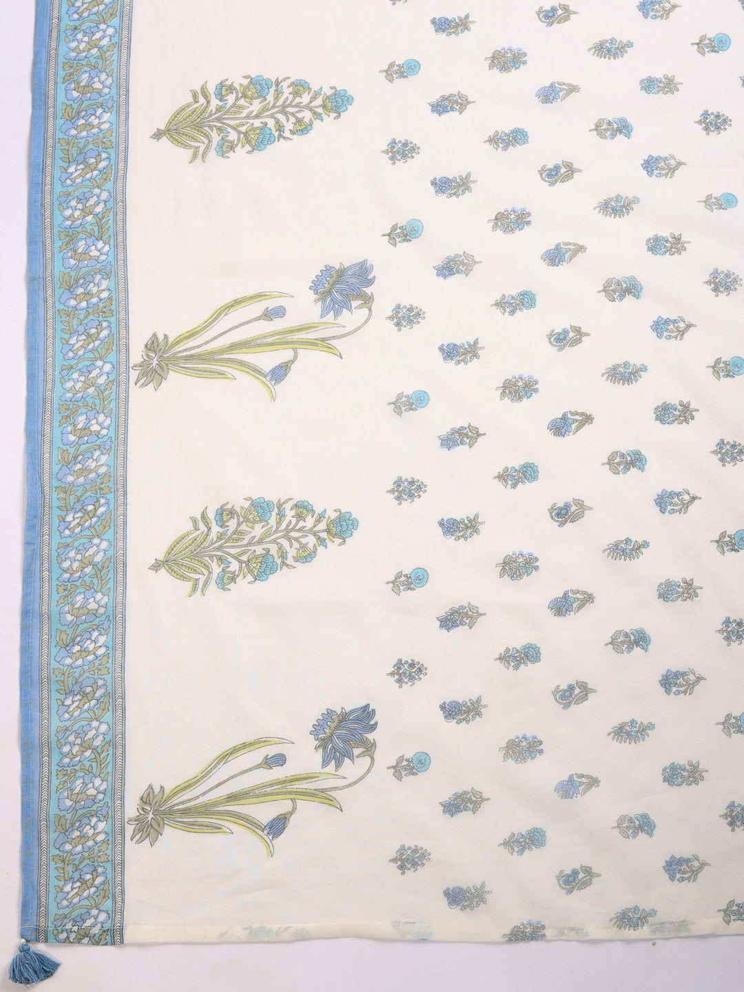 Cream Blue Printed Cotton Blend Suit Set