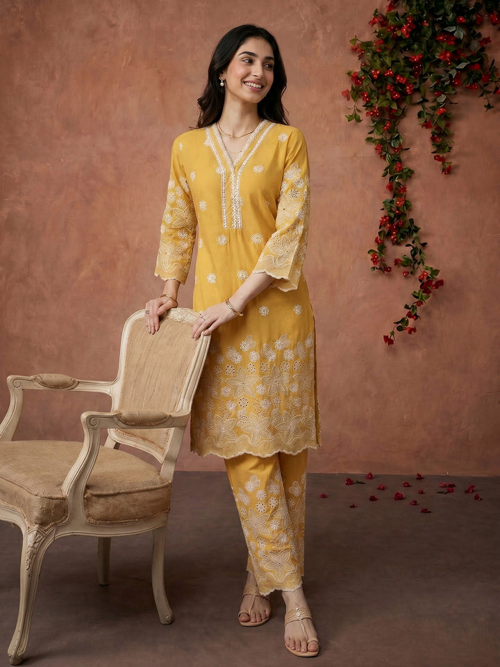 Mustard Embroidered Cotton Blend Kurta Set