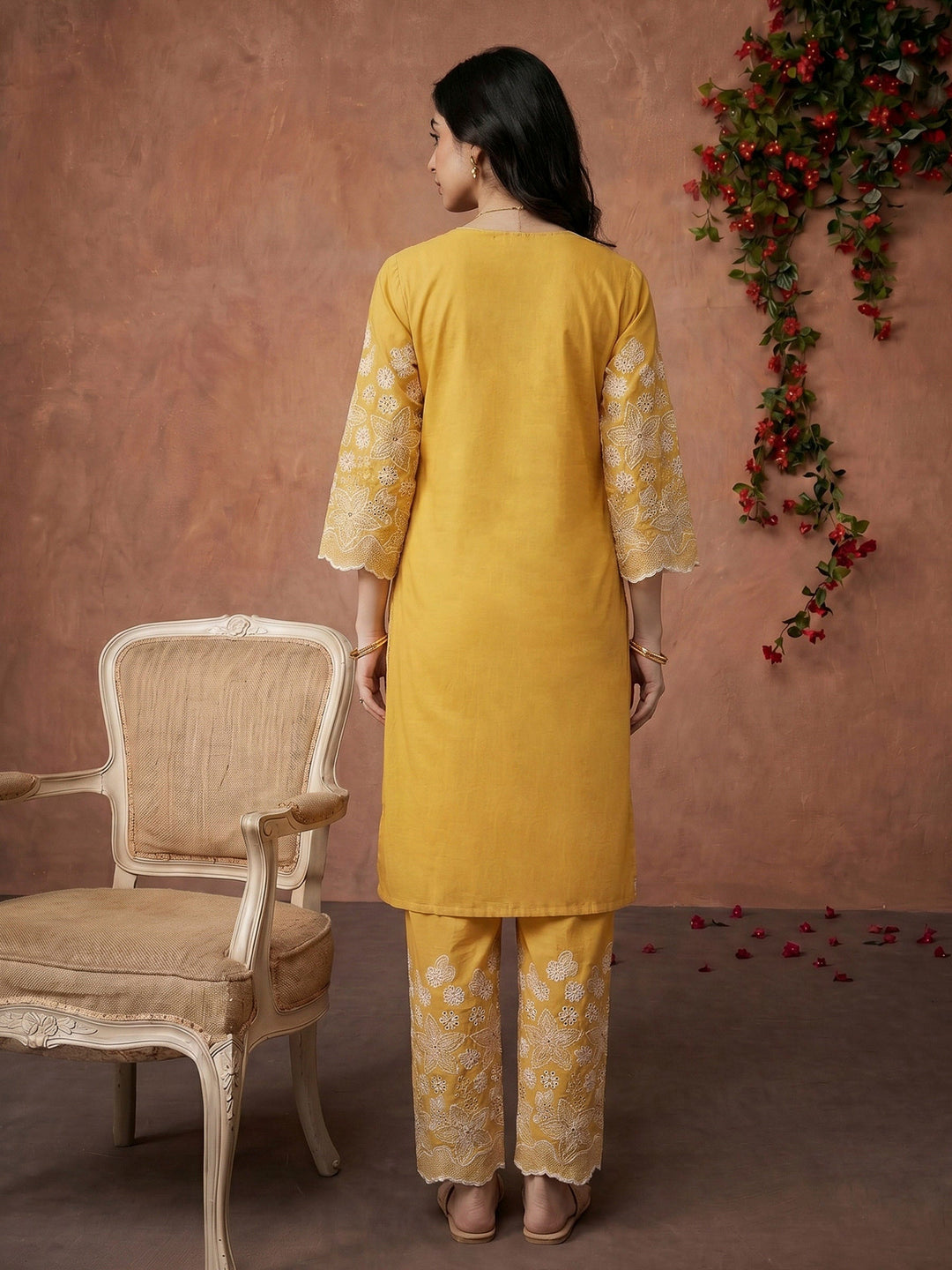Mustard Embroidered Cotton Blend Kurta Set