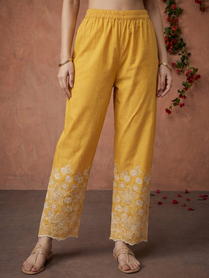 Mustard Embroidered Cotton Blend Kurta Set