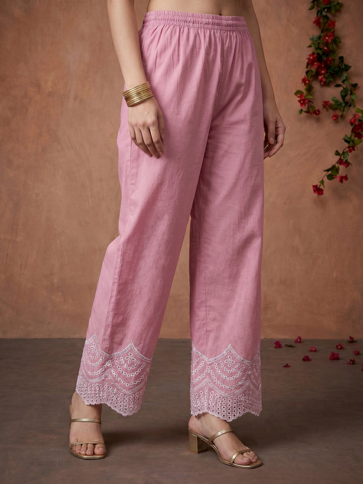 Pink Embroidered Cotton Blend Kurta Set