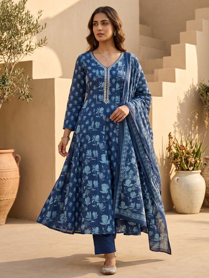 Blue Embroidered Cotton Blend Round Neck Straight Kurta With Pant and Dupatta