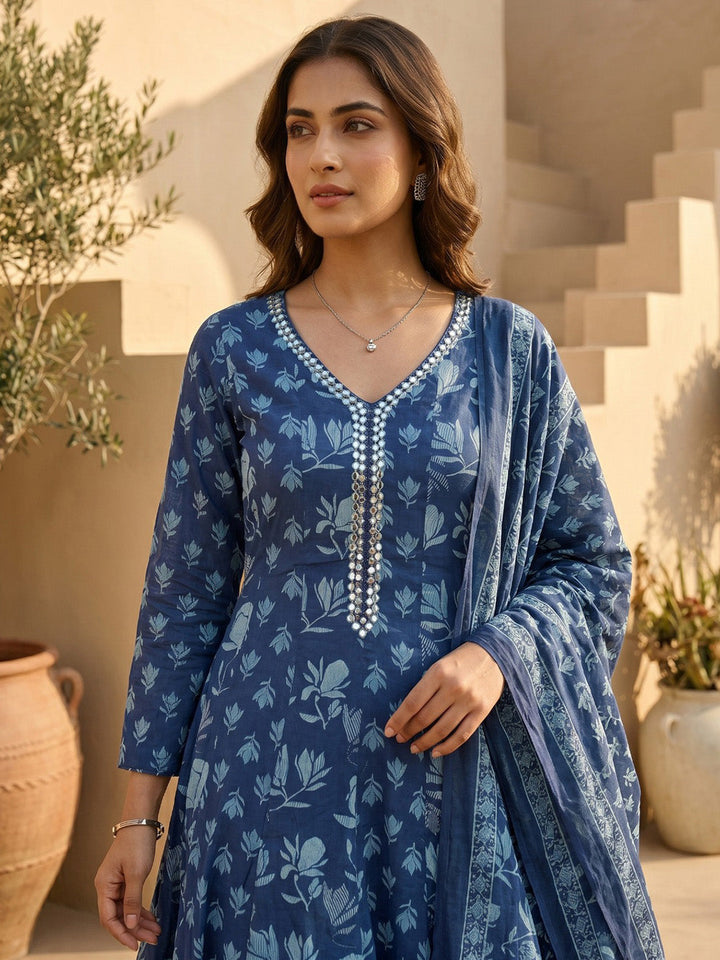 Blue Embroidered Cotton Blend Round Neck Straight Kurta With Pant and Dupatta