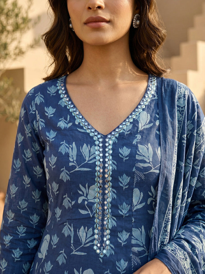 Blue Embroidered Cotton Blend Round Neck Straight Kurta With Pant and Dupatta