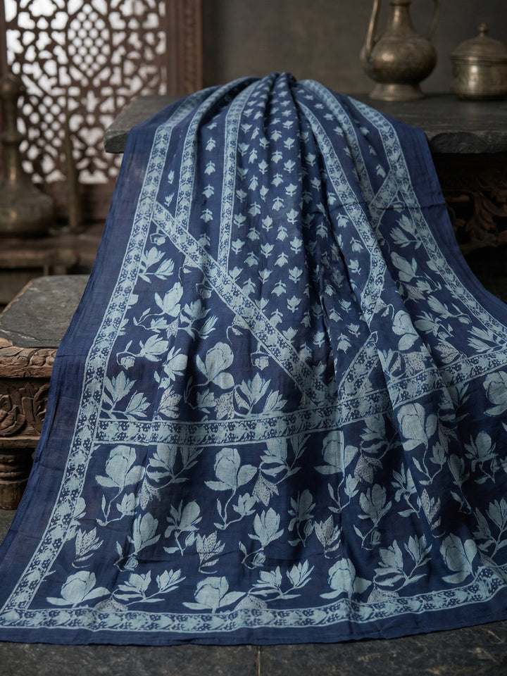 Blue Embroidered Cotton Blend Round Neck Straight Kurta With Pant and Dupatta