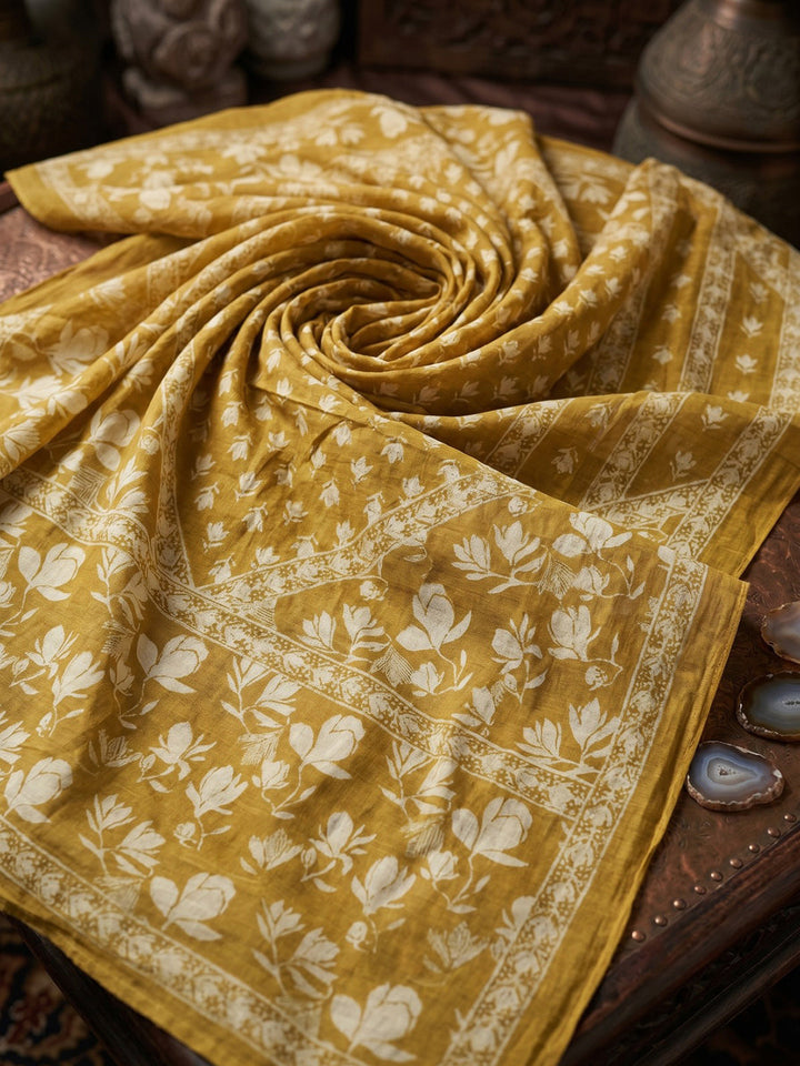 Mustard Embroidered Cotton Blend Round Neck Straight Kurta With Pant and Dupatta