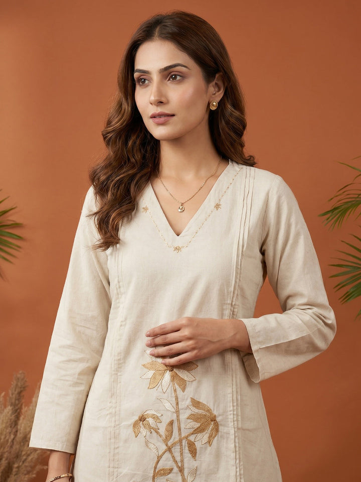 Cream Printed Cotton Blend V Neck Kurta Set