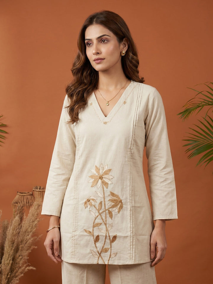 Cream Printed Cotton Blend V Neck Kurta Set
