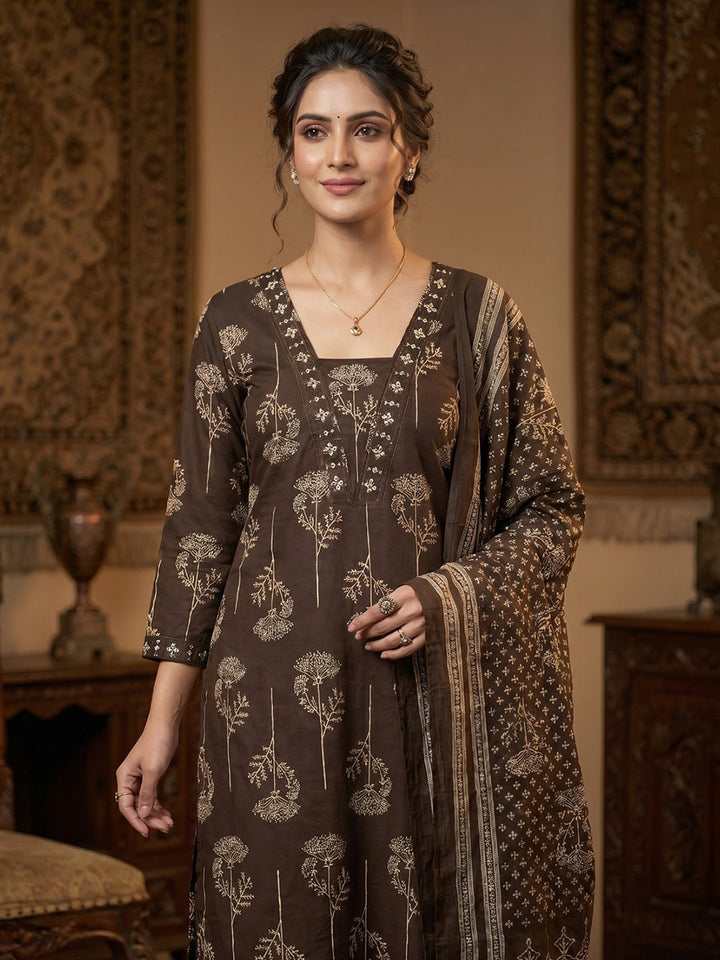 Brown Printed Cotton Blend Round Neck Suit Set