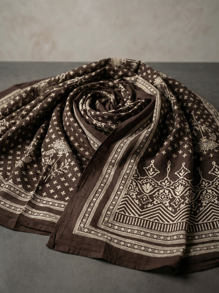 Brown Printed Cotton Blend Round Neck Suit Set