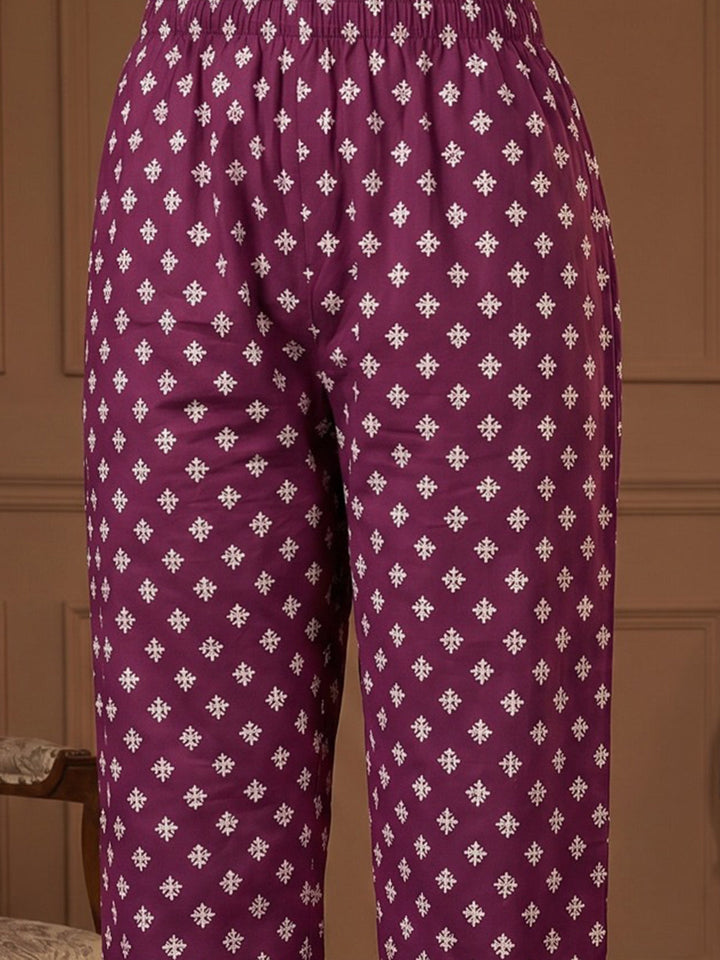 Wine Printed Cotton Blend Round Neck Suit Set