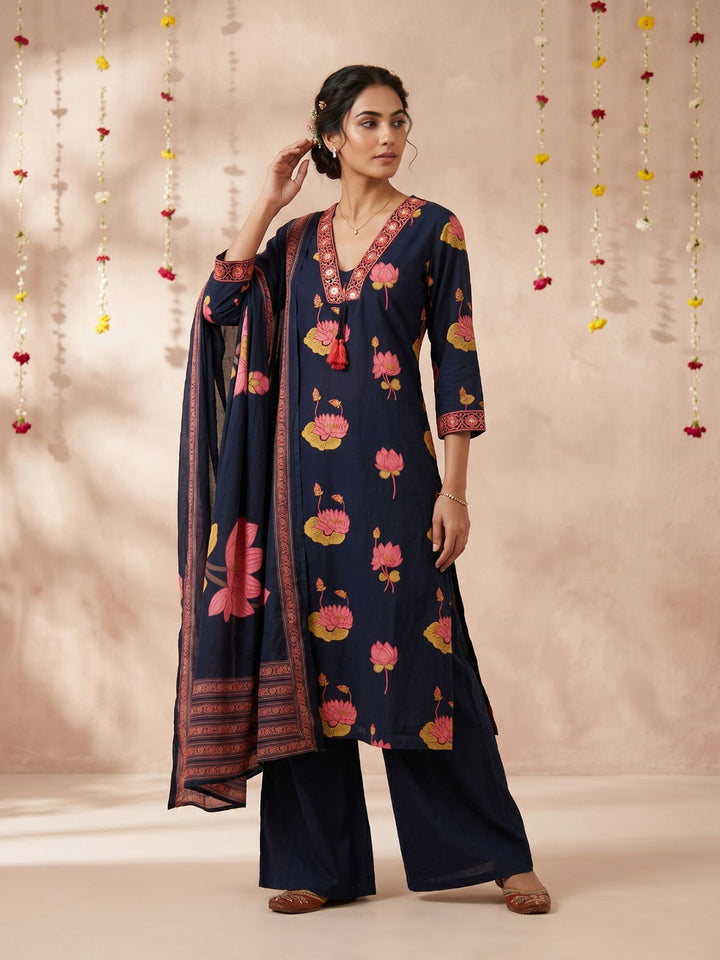 Navy Blue Embroidered Cotton Blend Round Neck Suit Set