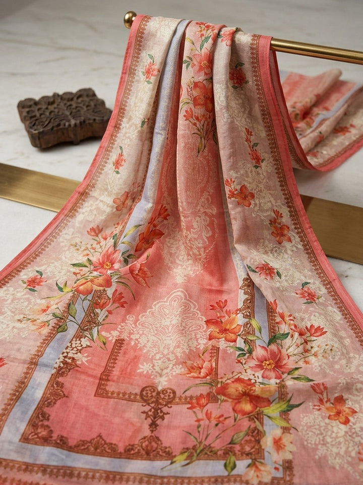 Red Printed Crepe Round Neck Kurta &amp; Pant With Crepe Dupatta
