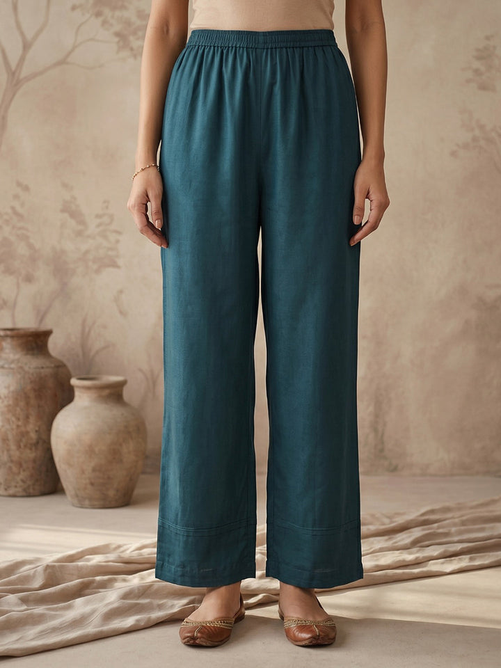 Blue Printed Crepe Round Neck Kurta &amp; Pant With Crepe Dupatta