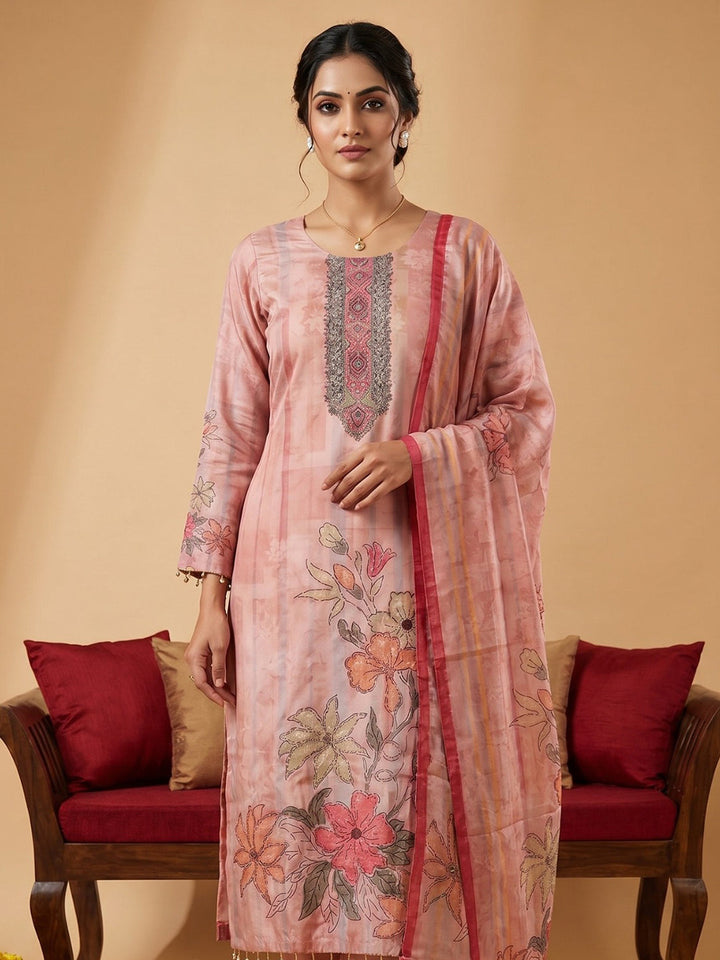 Pink Printed Crepe Round Neck Kurta &amp; Pant With Crepe Dupatta