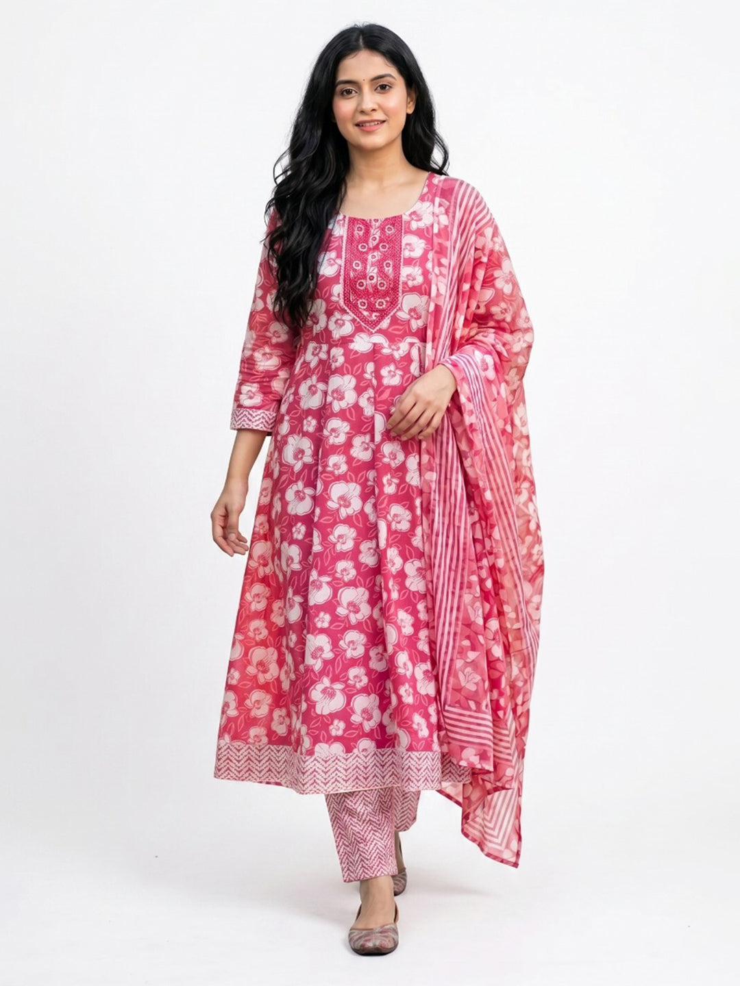 Pink Printed Cotton Blend Straight Round Neck Suit Set