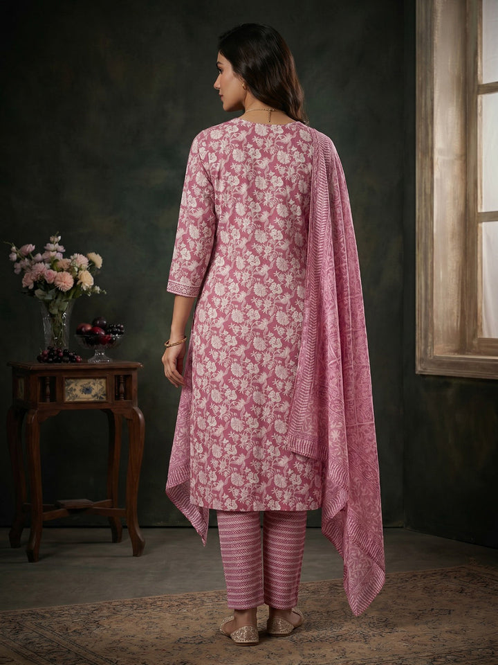 Pink Embroidered Cotton Blend Round Neck Suit Set