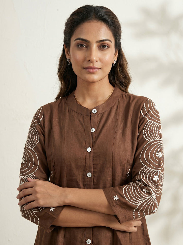 Brown Embroidered Cotton Blend Round Neck Straight Kurta With Pant