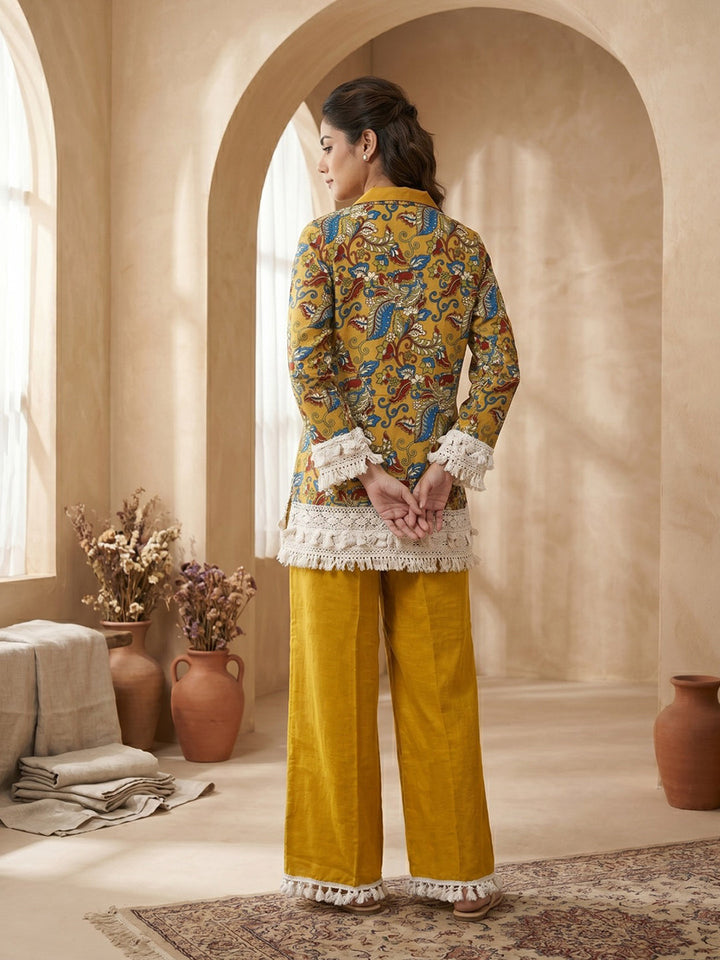 Yellow Printed Cotton Blend V Neck Kurta Set