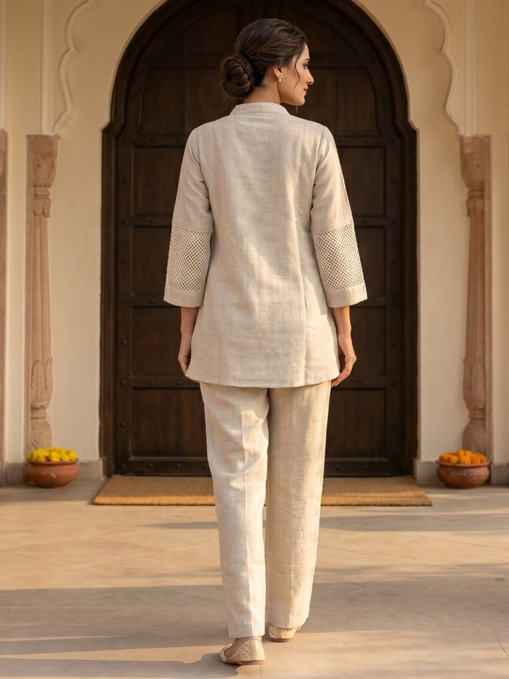 Beige Embroidered Cotton Blend Round Neck Straight Kurta With Pant