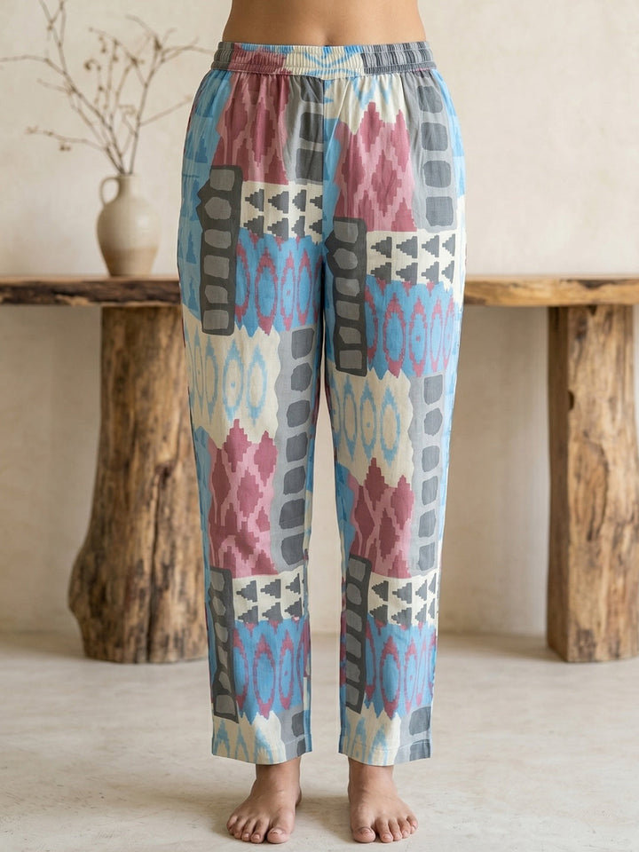 Sky Blue Printed Cotton Blend V Neck Straight Kurta With Pant