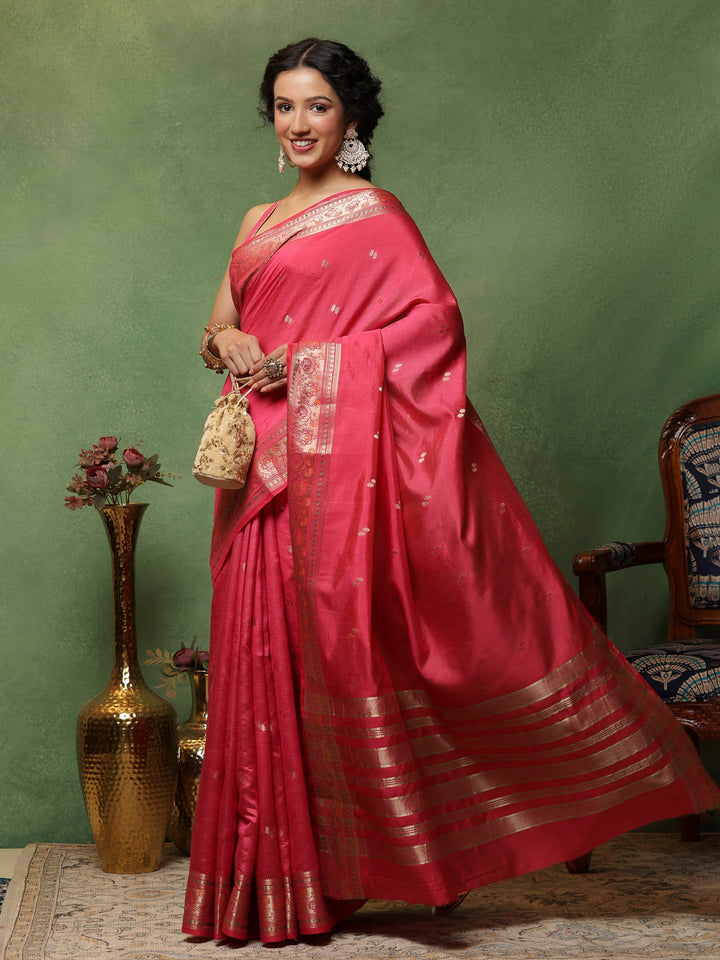 Hot Pink Woven Design Art Silk Saree