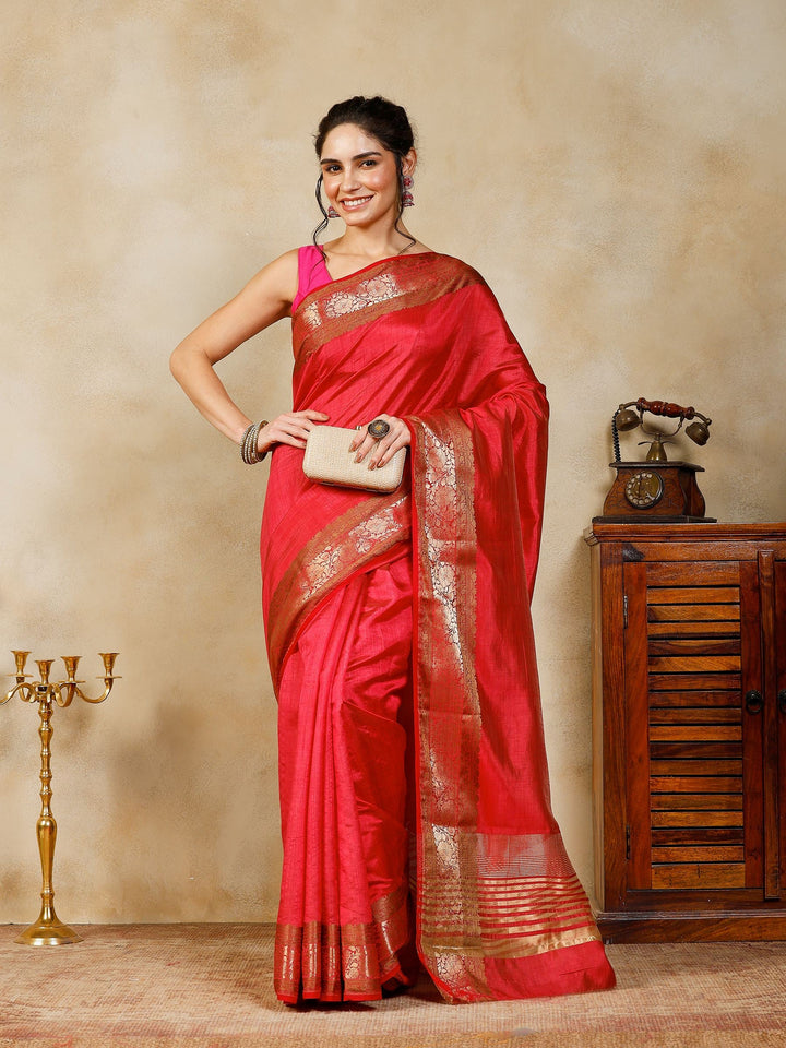 Hot Pink Woven Design Art Silk Saree